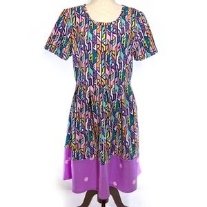 LuLaRoe Pleated Dress Plus 2XL Pink Glass Print Stretch Short Sleeves, Pockets!